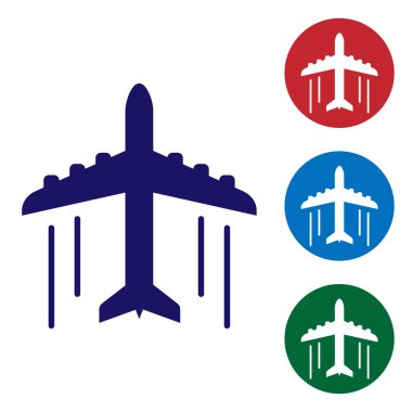 Mavi Düzlem simgesi beyaz arka planda yalıtılmış. Uçan uçak simgesi. Uçak işareti. Renk simgesini daire düğmelerinde ayarlayın. Vektör İllüstrasyonu