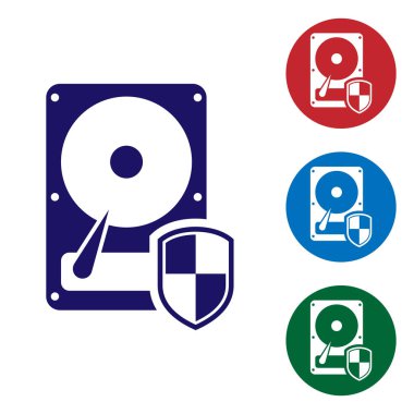 Mavi Sabit disk sürücüsü Beyaz arka planda yalıtılmış Hdd koruma simgesi. Renk simgesini daire düğmelerinde ayarlayın. Vektör İllüstrasyonu