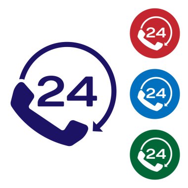 Mavi Telefon 24 saat destek simgesi beyaz arka plan üzerinde izole. Tüm gün müşteri desteği çağrı merkezi. Tam zamanlı arama hizmetleri. Renk simgesini daire düğmelerinde ayarlayın. Vektör İllüstrasyonu