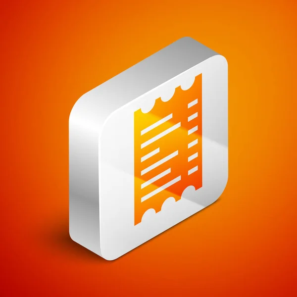 Isometrisk papperskontroll och finansiell kontroll ikon isolerad på orange bakgrund. Kontroll av papperstryck, kvitto eller faktura. Silverfyrkantig knapp. Vektor Illustration — Stock vektor