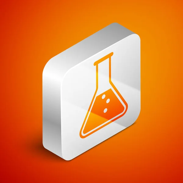 Isometrisches Reagenzglas und Kolben - Symbol für chemische Labortests auf orangefarbenem Hintergrund. Silberner quadratischer Knopf. Vektorillustration — Stockvektor