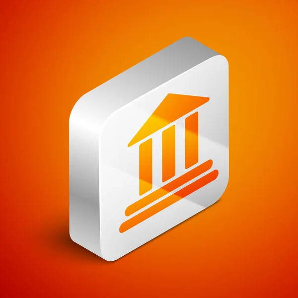 Isometric Bank building icon isolated on orange background. Silver square button. Vector Illustration