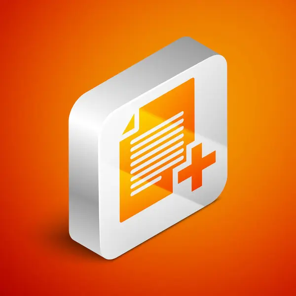 Isometrisches neues Dateisymbol auf orangefarbenem Hintergrund hinzufügen. Dokument-Symbol kopieren. Silberner quadratischer Knopf. Vektorillustration — Stockvektor