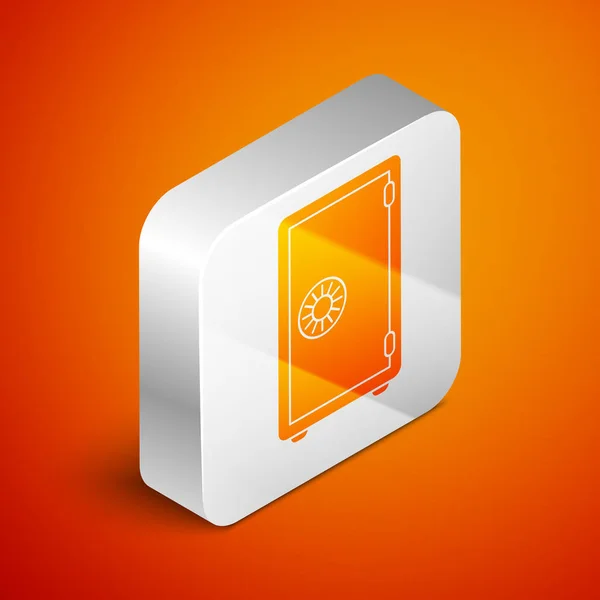 Isométrique icône Safe isolé sur fond orange. La porte protège un coffre-fort avec une serrure à combinaison. Protection fiable des données. Bouton carré argenté. Illustration vectorielle — Image vectorielle