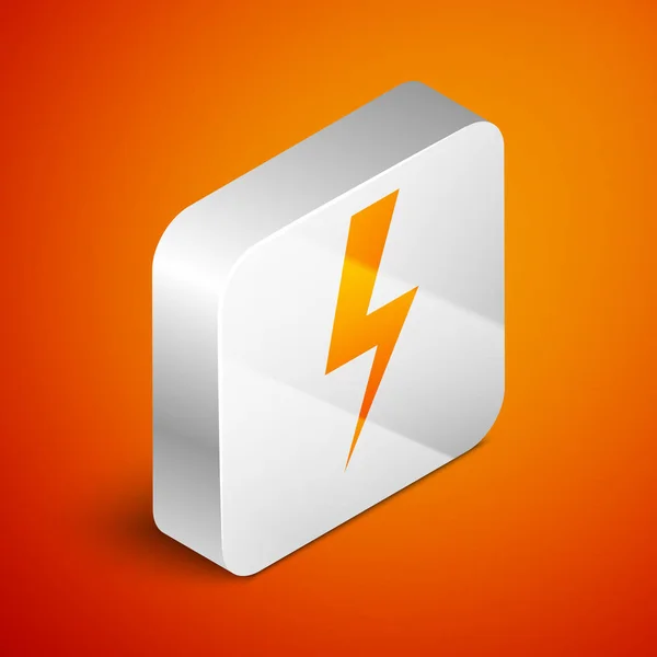 Isometric Lightning bolt icon isolated on orange background. Flash icon. Charge flash icon. Thunder bolt. Lighting strike. Silver square button. Vector Illustration — Stock Vector