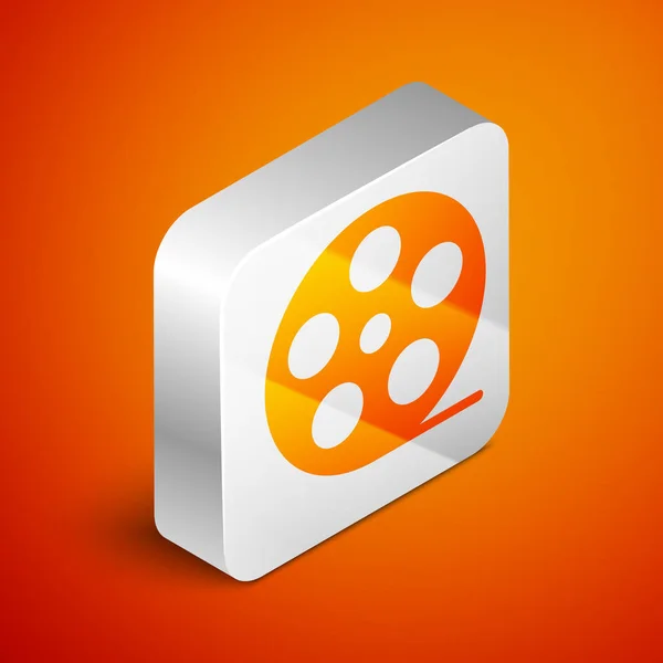 Isometrisches Filmrollen-Symbol isoliert auf orangefarbenem Hintergrund. Silberner quadratischer Knopf. Vektorillustration — Stockvektor