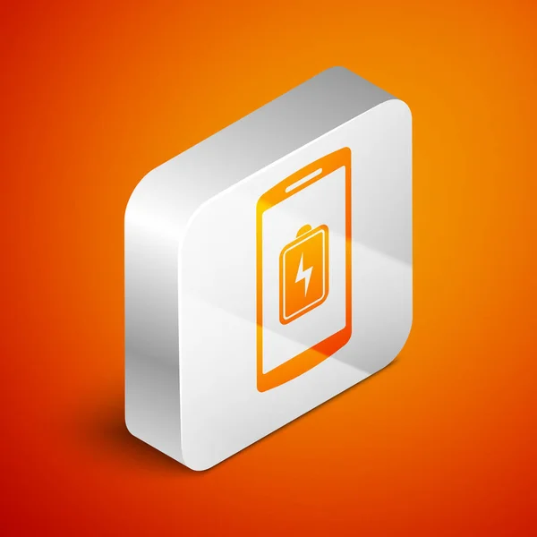 Isometrisk smartphone batteriladdning ikon isolerad på Orange bakgrund. Telefonen med låg batteriladdning. Silver fyrkantig knapp. Vektor illustration — Stock vektor
