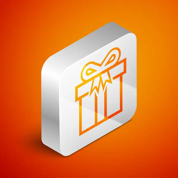 Isometric Gift box icon isolated on orange background. Silver square button. Vector Illustration — Stock Vector