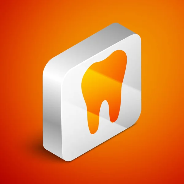 Izometrická ikona zubu izolovaná na oranžovém pozadí. Symbol zubů pro kliniku nebo lékařské středisko zubního lékaře a zubní pasty. Stříbrné čtvercové tlačítko. Vektorová ilustrace — Stockový vektor