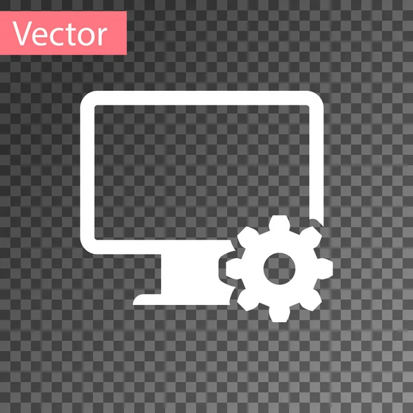 Monitor per computer bianco e icona dell'ingranaggio isolata su sfondo trasparente. Regolazione app, opzioni di impostazione, manutenzione, riparazione, fissaggio concetti di monitor. Illustrazione vettoriale — Vettoriale Stock