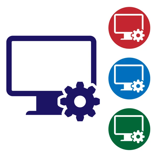 Moniteur d'ordinateur bleu et icône d'engrenage isolés sur fond blanc. Réglage app, options de réglage, maintenance, réparation, fixation des concepts de moniteur. Définir l'icône de couleur dans les boutons cercle. Illustration vectorielle — Image vectorielle