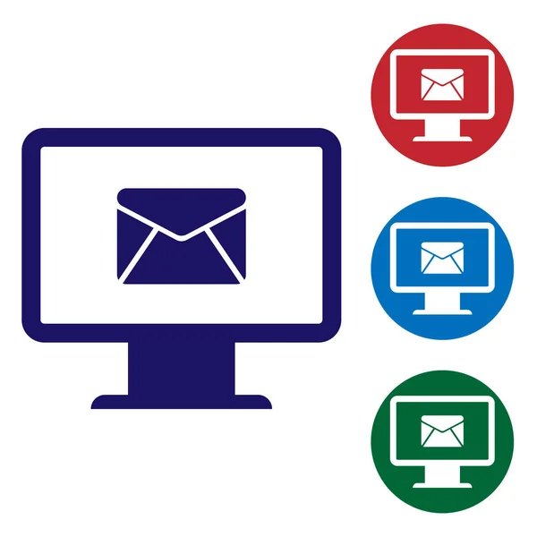 Blauwe computer monitor en envelop, nieuw bericht, e-mail, e-mail pictogram geïsoleerd op witte achtergrond. Gebruik voor e-mail nieuwsbrieven, headers, blogposts. Stel het kleur pictogram in de cirkel knoppen in. Vector illustratie — Stockvector