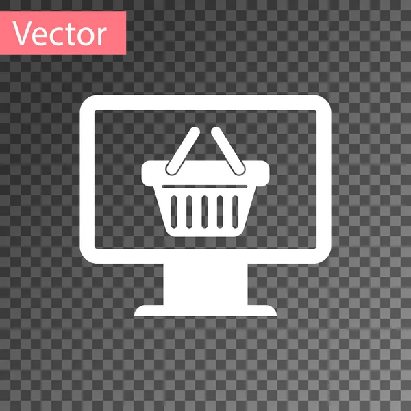 Weißer Computermonitor mit Warenkorb-Symbol auf transparentem Hintergrund. Online-Warenkorb. Supermarkt-Warenkorb Symbol. Vektorillustration — Stockvektor