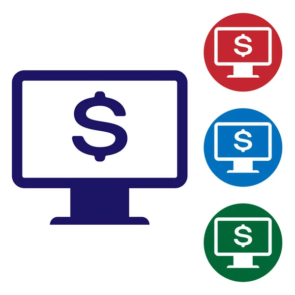 Blauer Computermonitor mit Dollar-Symbol auf weißem Hintergrund. Finanzsicherheitskonzept für das Internet, Schutz der Online-Finanzierung. setzen Farbsymbol in Kreis-Tasten. Vektorillustration — Stockvektor