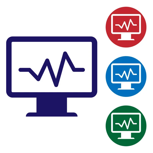 Moniteur d'ordinateur bleu avec icône de cardiogramme isolé sur fond blanc. Icône de surveillance. ECG moniteur avec battement de coeur main dessinée. Définir l'icône de couleur dans les boutons cercle. Illustration vectorielle — Image vectorielle