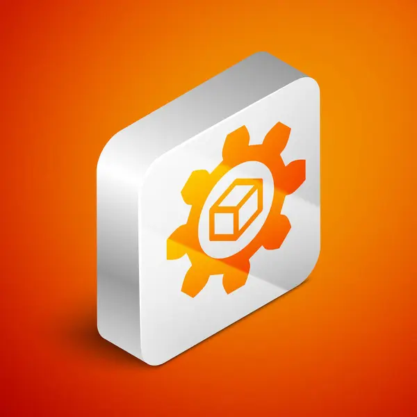 アイソメ製品開発アイコンは、オレンジ色の背景に分離されています。ギアとキューブ。スタートアップコレクションからの製品開発シンボルデザイン。シルバーの正方形のボタン。ベクトルイラストレーション — ストックベクタ