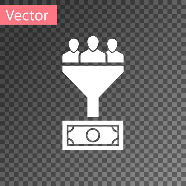Weißes Lead Management Symbol isoliert auf transparentem Hintergrund. Trichter mit Menschen, Geld. Zielgruppe Geschäftskonzept. Vektorillustration — Stockvektor