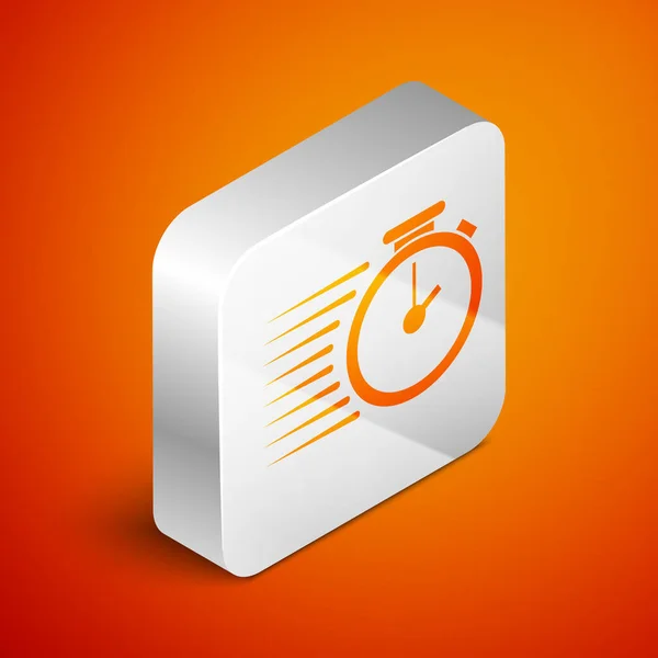 Izometrická ikona Stopwatch je izolovaná na oranžovém pozadí. Symbol časového časovače Stříbrné čtvercové tlačítko. Vektorová ilustrace — Stockový vektor