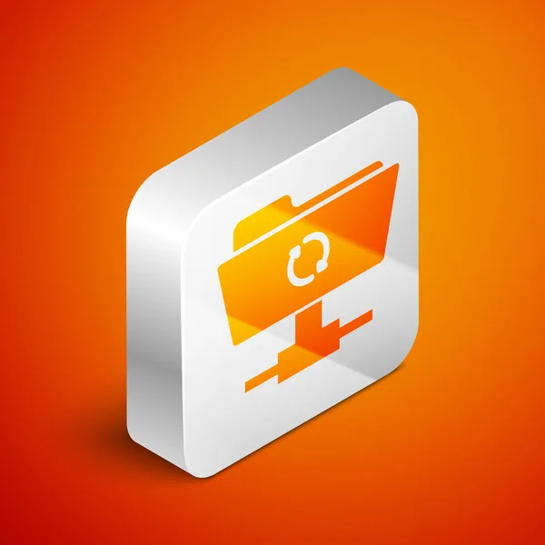 Isometrisk FTP Sync Refresh ikonen isolerad på Orange bakgrund. Begreppet programuppdatering, överföringsprotokoll, router, teamwork verktygshantering, kopieringsprocessen. Silver fyrkantig knapp. Vektor illustration — Stock vektor