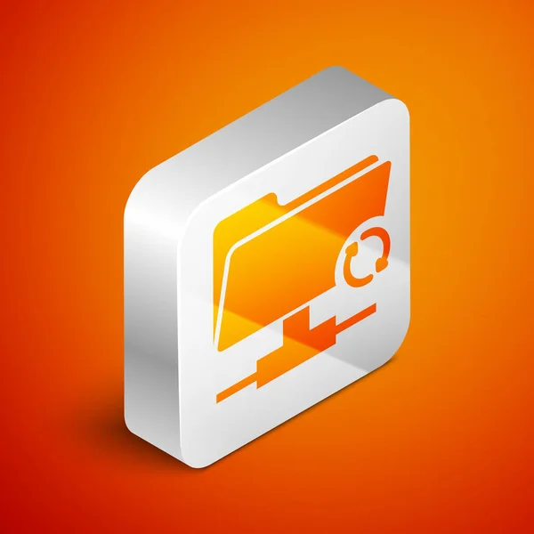Isometrisk FTP Sync Refresh ikonen isolerad på Orange bakgrund. Begreppet programuppdatering, överföringsprotokoll, router, teamwork verktygshantering, kopieringsprocessen. Silver fyrkantig knapp. Vektor illustration — Stock vektor
