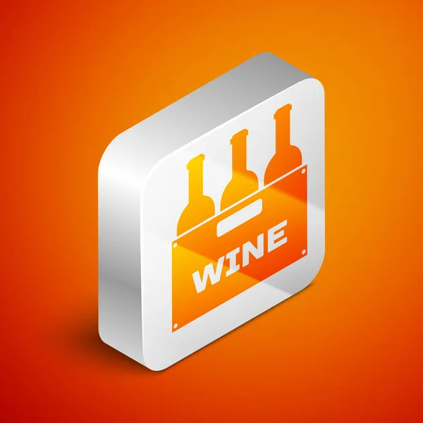 Isométriques Bouteilles de vin dans une boîte en bois icône isolée sur fond orange. Bouteilles de vin dans une icône de caisse en bois. Bouton carré argenté. Illustration vectorielle — Image vectorielle