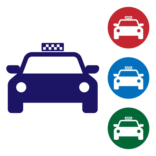 Taxi azul coche icono aislado sobre fondo blanco. Establecer el icono de color en botones de círculo. Ilustración vectorial — Vector de stock