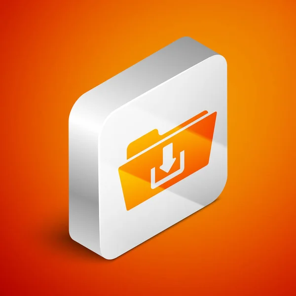 Isometrica icona di download cartella isolato su sfondo arancione. Pulsante quadrato argento. Illustrazione vettoriale — Vettoriale Stock
