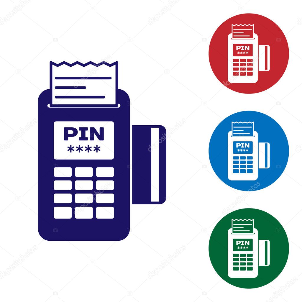 Blue POS terminal with inserted credit card and printed reciept icon isolated on white background. NFC payment concept. Set color icon in circle buttons. Vector Illustration
