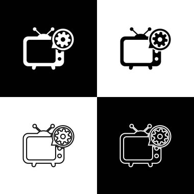 Tv ve dişli simgelerini siyah beyaz arka planda yalıtılmış olarak ayarlayın. Televizyon hizmeti konsepti. Uygulamanın ayarlanması, seçenekleri ayarlama, bakım, onarım, sabitleme. Vektör İllüstrasyonu