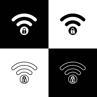 Wifi kilitli işaret simgelerini siyah beyaz arka planda yalıtılmış olarak ayarlayın. Şifre Wi-fi simgesi. Kablosuz Ağ simgesi. Wifi bölgesi. Vektör İllüstrasyonu