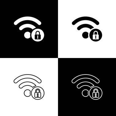 Wifi kilitli işaret simgelerini siyah beyaz arka planda yalıtılmış olarak ayarlayın. Şifre Wi-fi simgesi. Kablosuz Ağ simgesi. Wifi bölgesi. Vektör İllüstrasyonu