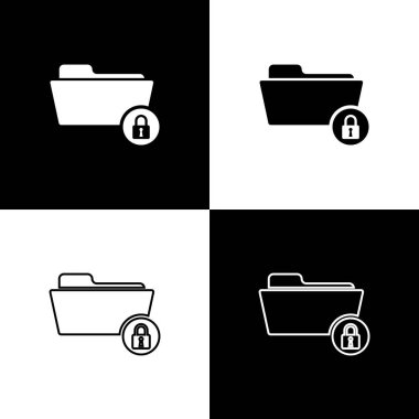 Klasör'ü ayarlayın ve siyah beyaz arka planda yalıtılmış simgeleri kilitleyin. Kapalı klasör ve asma kilit. Güvenlik, güvenlik, koruma konsepti. Vektör İllüstrasyonu