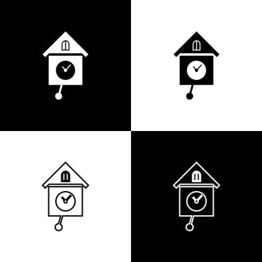 Siyah beyaz arka planda izole edilmiş Retro duvar saat simgelerini ayarlayın. Guguklu saat işareti. Antika sarkaçlı saat. Vektör İllüstrasyonu