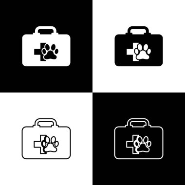 Siyah beyaz arka planda yalıtılmış Pet ilk yardım çantası simgelerini ayarlayın. Köpek ya da kedi pençesi izi. Klinik kutusu. Vektör İllüstrasyonu