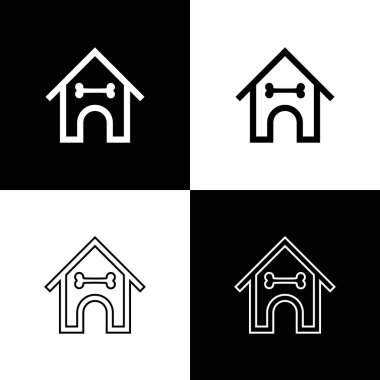 Set Dog ev ve kemik simgeleri siyah ve beyaz arka plan üzerinde izole. Köpek kulübesi. Vektör İllüstrasyonu