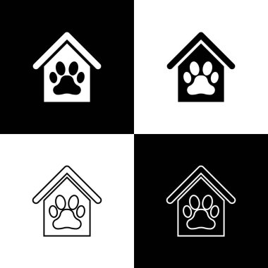 Set Dog ev ve pençe baskı pet simgeleri siyah ve beyaz arka plan izole. Köpek kulübesi. Vektör İllüstrasyonu