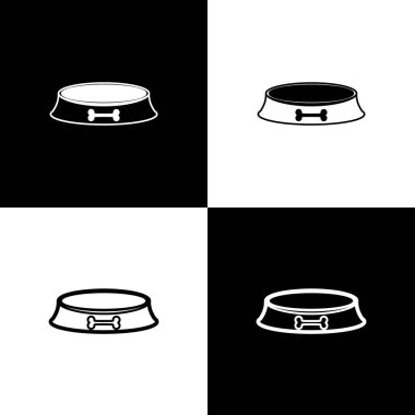 Siyah beyaz arka planda izole kedi veya köpek simgeleri için Pet gıda kase ayarlayın. Köpek kemiği işareti. Vektör İllüstrasyonu