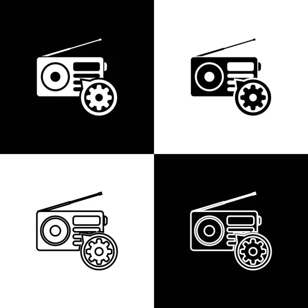 Set Radio com antena e ícones de engrenagem isolados em fundo preto e branco. Ajustar aplicativo, conceito de serviço, opções de configuração, manutenção, reparo, fixação. Ilustração vetorial —  Vetores de Stock