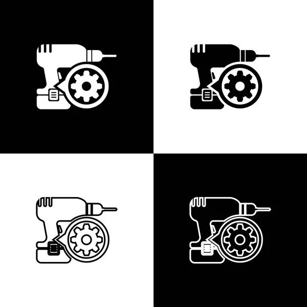 Definir máquina de perfuração e ícones de engrenagem isolados em fundo preto e branco. Ajustar aplicativo, conceito de serviço, opções de configuração, manutenção, reparo, fixação. Ilustração vetorial — Vetor de Stock