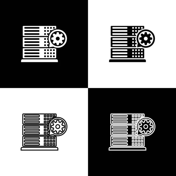 Set Server and gear icons isolated on black and white background. Adjusting app, service concept, setting options, maintenance, repair, fixing. Vector Illustration — Stock Vector