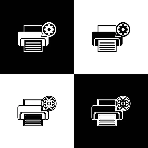 Set Iconos de impresora y engranajes aislados sobre fondo blanco y negro. Ajustar la aplicación, concepto de servicio, opciones de configuración, mantenimiento, reparación, fijación. Ilustración vectorial — Archivo Imágenes Vectoriales