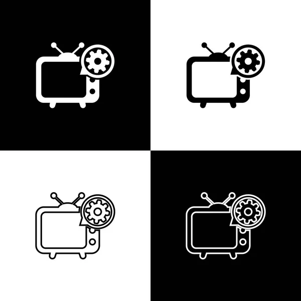 Conjunto de iconos de TV y engranajes aislados sobre fondo blanco y negro. Concepto de servicio de televisión. Ajustar la aplicación, opciones de configuración, mantenimiento, reparación, fijación. Ilustración vectorial — Archivo Imágenes Vectoriales