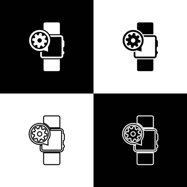 Defina Smartwatch e ícones de engrenagem isolados em fundo preto e branco. Ajustar aplicativo, conceito de serviço, opções de configuração, manutenção, reparo, fixação. Ilustração vetorial — Vetor de Stock