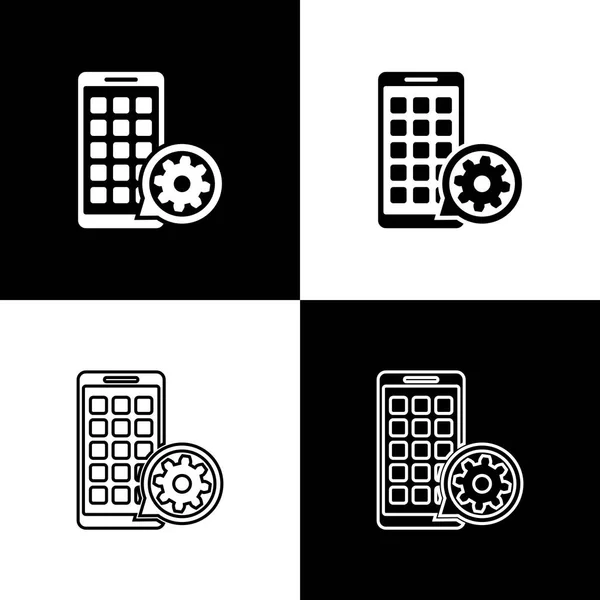 Establecer aplicaciones móviles e iconos de engranajes aislados sobre fondo blanco y negro. Ajustar la aplicación, concepto de servicio, opciones de configuración, mantenimiento, reparación, fijación. Ilustración vectorial — Vector de stock