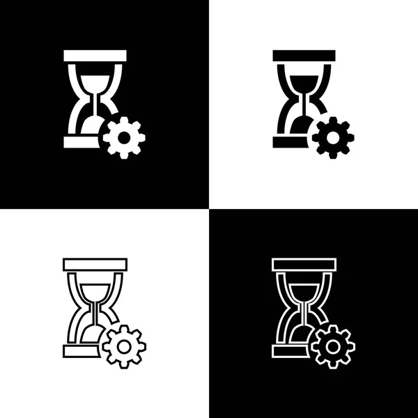 Set de iconos de reloj de arena y engranajes aislados sobre fondo blanco y negro. Símbolo de gestión del tiempo. Icono del reloj y el engranaje. Símbolo de productividad. Ilustración vectorial — Vector de stock