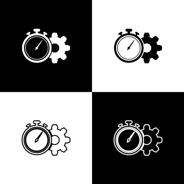 Establecer iconos de gestión del tiempo aislados sobre fondo blanco y negro. Señal de reloj y engranaje. Símbolo de productividad. Ilustración vectorial — Archivo Imágenes Vectoriales