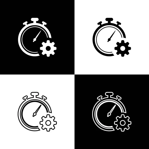 Establecer iconos de gestión del tiempo aislados sobre fondo blanco y negro. Señal de reloj y engranaje. Símbolo de productividad. Ilustración vectorial — Archivo Imágenes Vectoriales