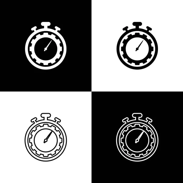 Defina ícones de gerenciamento de tempo isolados em fundo preto e branco. Relógio e sinal de marcha. Símbolo de produtividade. Ilustração vetorial — Vetor de Stock