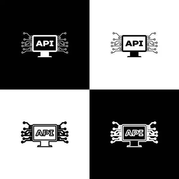 Establezca iconos de interfaz de api de computadora aislados en fondo blanco y negro. Tecnología API de interfaz de programación de aplicaciones. Integración de software. Ilustración vectorial — Archivo Imágenes Vectoriales