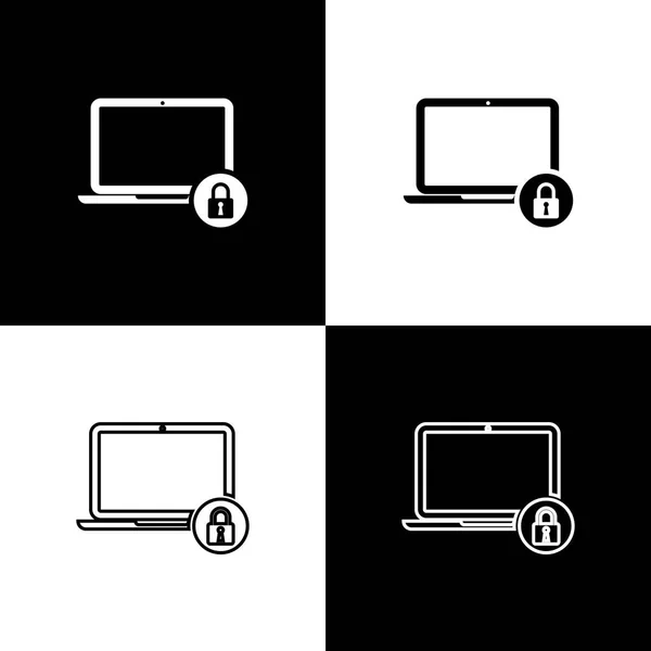 Ρυθμίστε το laptop και τα εικονίδια κλειδώματος απομονώνονται σε μαύρο και άσπρο φόντο. Κομπιούτερ και λουκέτο. Ασφάλεια, ασφάλεια, έννοια προστασίας. Ασφαλής ενδοδικτύωση. Απεικόνιση διανυσματικών φορέων — Διανυσματικό Αρχείο